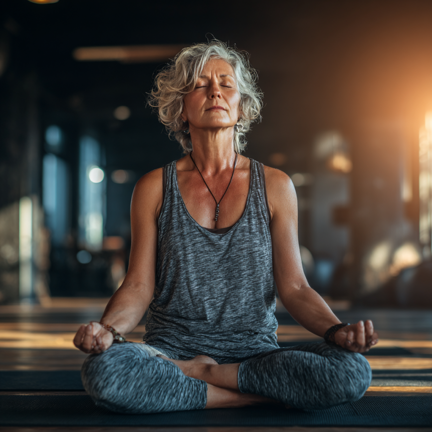 Літня жінка займається йогою